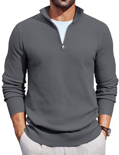 COOFANDY Maglioni per Uomo Pullover a Maglia Maglione da Lavoro Felpa Firmata Maglioncino a Maniche Lunghe Pullover con Zip Top Casual Grigio Scuro L