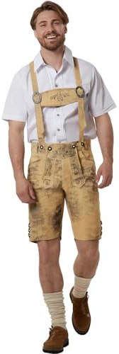 dressforfun Pantaloni in Similpelle Vegani Uomo, Lederhosen Oktoberfest, Costume Bavarese, con Bretelle Regolabili, per Oktoberfest, con Bottoni in plastica, Trachten durevoli - Marrone Antico, 52