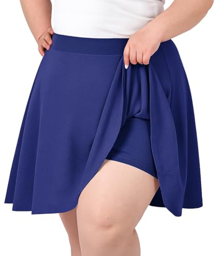 TRIWORKS Plus Size Royal Blue Mini Skater Skirt with Shorts Women's Basic A-Line Blue Tennis Skirts Casual Stretchy High Waist Flared Pleated Skirt 2XL