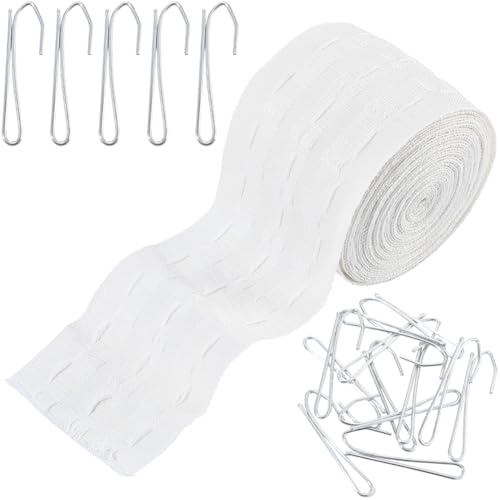 GORGECRAFT Nastro per Tende Bianco da 6 m Larghezza 7.5cm in Poliestere con 30 Ganci in Ferro per Pieghe Profonde per Tende Fai da Te Pieghettatura Accessorio per La Casa