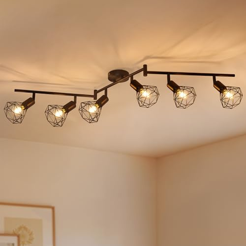 Gr4tec 6 Way Spotlights Ceiling Lights, Adjustable Kitchen Light Ceiling E14, Vintage Cage Black Light Fittings, Metal Spot Lights Track Lighting for Living Room Bedroom Hallway, Bulb Not Included