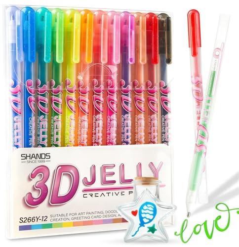 Omeblos 3D Pen, Gel Pens, 12 Colors Coloring Pens 3D Jelly Pen Set for Adult & Kids Colouring Books, Gel Ink Markers for Drawing Crafts Scrapbooks Bullet Journaling Card Making Photo Album