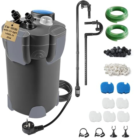 EXLECO Filtre UV Externe Aquarium 1400L/H 35W Pompe D'aquarium Réglable avec Matériau Filtrant, Filtre Bassin Poisson Silencieux avec 3 Étapes de Filtration pour Réservoir Jusqu'à 300 L HW-302B Noir