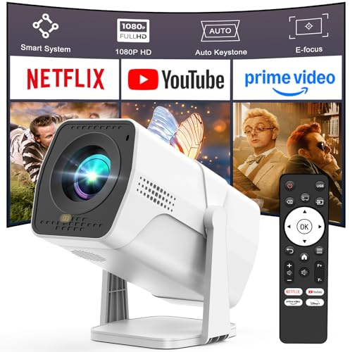Smart Beamer Kompatibel mit Netflix & Elektrischer Focus, PYIER Mini Projektor mit WiFi Bluetooth 1080P Full HD, Automatische Trapezkorrektur, 270°Drehbar Heimkino/Outdoor Beamer Kleinfür Handy/PC