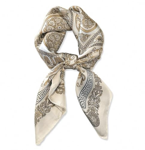DIPZO Foulard en soie pour femmes 70 x 70 cm, Bandana carré fleuri pour cheveux, cou, sacs et accessoires de mode, Beige