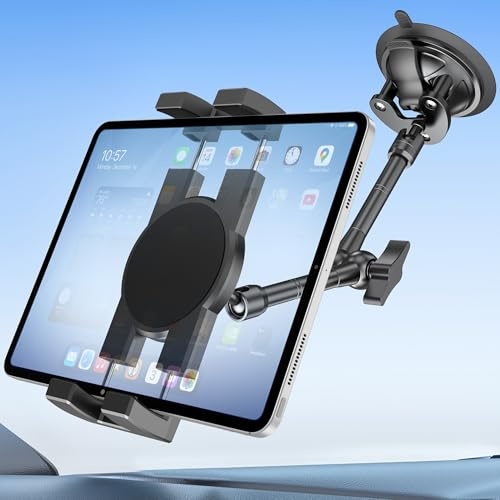 Heavy Duty Window Dashboard Tablet Mount for Truck Car Van Vehicle Pickup, Anti-Shake Metal Joint iPad Dash Holder, Suction Cup Stand for iPad Pro 12.9 Air Mini, Z Fold, IPhone, Thick Case Friendly