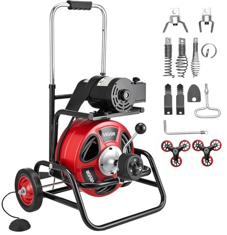 VEVOR Drain Cleaner Machine 75 FT x 1/2 Inch, Auto Feed Sewer Snake Auger, Portable Drain Cleaning Machine with Climbing Wheels, Adjustable Drum, 8 Cutters & Foot Switch for 2 to 6 Pipes