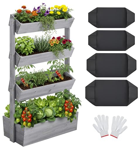 Yaheetech Vertikal Hochbeet mit 4 Etagen, 84,5×45×140,5 cm Pflanzbeet mit Entwässerungslöcher & Pflanzvlies, Tannenholz Wetterfest, Frühbeet Gartenbeet Kräutertreppe für Garten Balkon, Grau