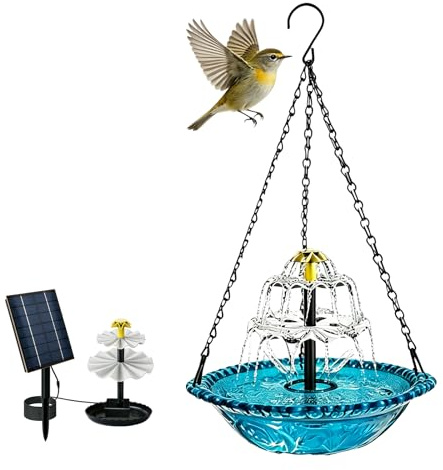 Abbeveratoio per uccelli da appendere con fontana solare, bagno per uccelli, abbeveratoio per uccelli con fontana da appendere, per giardino, balcone, terrazza, con catene in metallo, decorativo