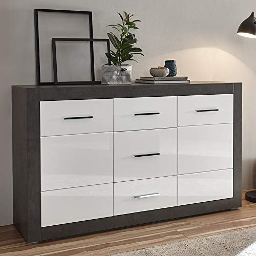 Lomadox Sideboard in Hochglanz wei mit Betonoptik dunkel