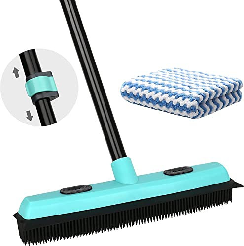 KeFanta Rubber Floor Brushes Pet Hair Broom with Squeegee150 CM Adjustable Handle, for Hardwood Floor, Tile Artificial Grass Cleaner Brush includes One Microfiber Cloth Dusting, C-blue (1.2.3)