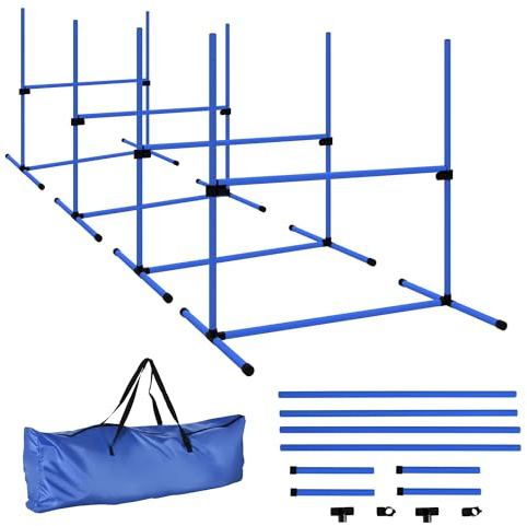 PawHut Agility pour Chiens kit Agility Chien Parcours Agility Chien Set de 4 Obstacles Professionnels Hauteur réglable avec système de Maintien au Sol 99L x 65l x 94H cm Sac Transport fourni Bleu
