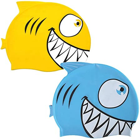 2 Stück Haifisch Badekappe, Schwimmmütze Kinder, Hochwertige Silikon Badekappe, Bademütze, Weich Reinem Silikon Badekappe, Kinder Schwimm Mütze, für Jungen und Mädchen