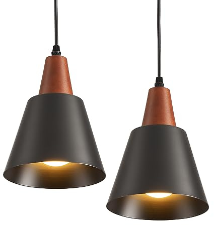 IHENGYANLT 2 Pack Pendant Lights, Black Pendant Lights Kitchen Island,Wood Dome Minimalist Industrial Ceiling Hanging Lights for Kitchen Island, Barn, Dining Room, Living Roo m, Bedroom
