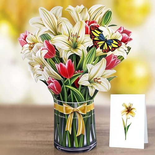 CUTPOPUP Lilienstrauß - Geburtstagskarte Frau, Muttertagskarte Pop-Up, 15.5x20.5cm Blumen 3D geburtstagskarten für Ehefrau, Tochter, ihr Mädchen, Mutter (Lily Bouquet SM) US8-71.SMDE