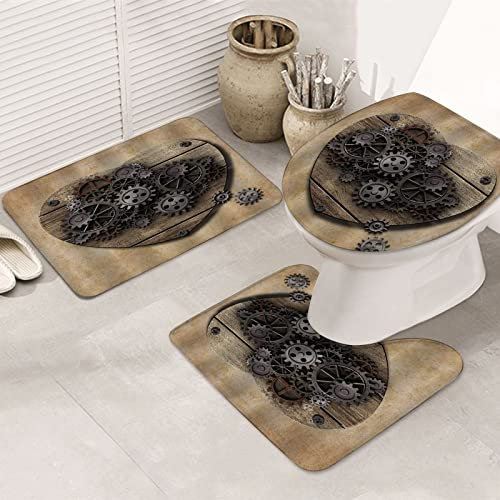Badezimmermatte, dreiteiliges Set saugfähiger und rutschfester Bodenmatten,Vintage Stempunk Industrial Style gealtertes menschliches Herzmodell aus rostigen Metall,verwendet für Badezimmer und Duschen