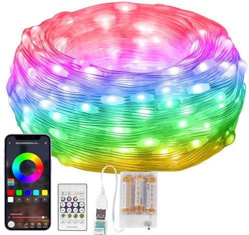 Lichterkette Außen Batteriebetrieb, 5M RGB Smart IC LED Lichtschlauch mit 99+ Modi, Timer, Sync Musik, Smart App & Fernbedienung Steuerung, Wasserdicht für Weihnachten, Halloween, Party, Garten Deko