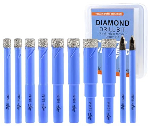 VENJELD Juego de Brocas Diamante Seco - 6mm X 2, 8mm X 2, 10mm X 2, 12mm X2 8 Piezas Corona Diamnate y 2 Piezas 6mm Taladro Carburo para Porcelana Cerámica Mármol Granito - Vástago Redondo con Estuche