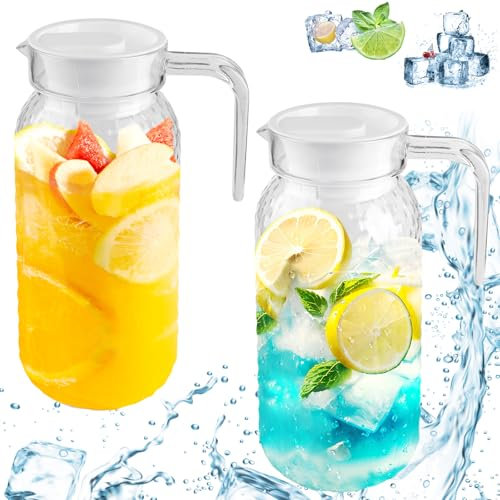 Lot de 2 pichets en acrylique avec couvercle : carafe de 1 litre avec couvercle, pichet à eau pour jus de fruits, sans BPA et incassable, pichet en acrylique pour jus de lait, thé glacé, jus,