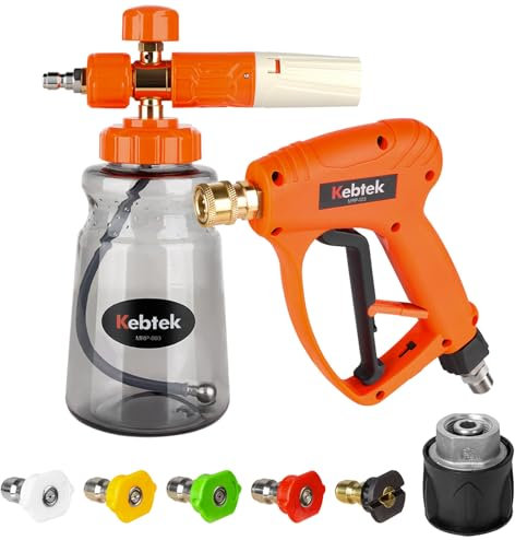 Kebtek Hochdruckreiniger Pistole 5200PSI mit Schaumkanone 1L, 5 Düse, Adapter Kompatibel mit Kärcher K2-K7 Serie (MRP-003-B)