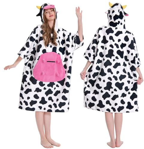 OLAOLA Surf Poncho per Adulti, Asciugamano da Bagno con Cappuccio e Tasca, Morbido Cambio Accappatoio Spiaggia, Asciugatura Rapida Asciugamani Poncho per Donne e Uomini (Mucca)