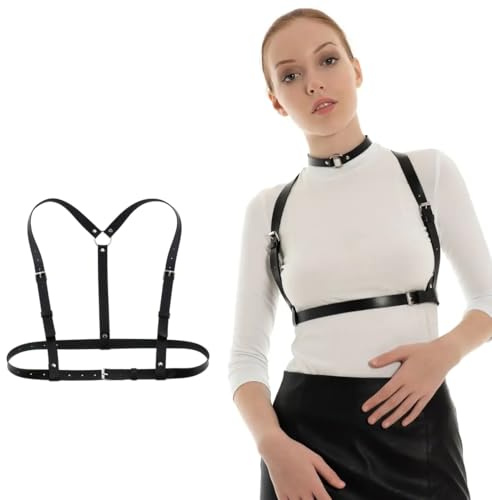 RTRTGS RT 1 Pièce Harnais Punk Réglable, Harnais Femme en Cuir avec Chaine de Corps, Bijoux de Corps Goth pour Femmes Filles, Cosplay Party Rave Halloween Costume (Noir)