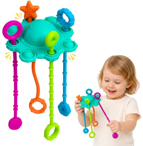ROWFEN Montessori Silicone Pull String Toy – Sensory Skills Development | 100% food-grade silicone with textured ropes. Soft-press buttons. Portable travel design. Easy to Clean. Spearmint.