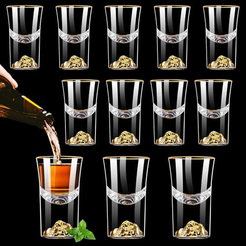 Woobroo Lot de 12 verres à shot de 15 ml en verre à bord doré avec flocons d'or 24 carats – Verres à expresso et à spiritueux à base lourde pour cocktails, vodka, tequila, liqueurs, desserts