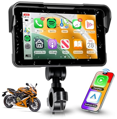 Rimoody 5 Zoll Carplay Bildschirm für Motorrad Kabellos Carplay und Android Auto Display für Motorräder, Wireless Carplay Autoradio für Krafträder Support EQ Wasserdichter Bluetooth Helme & Kopfhörer