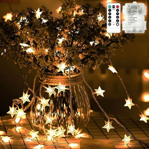 BG9D Guirnalda Luces Estrella 7,5M 50 LED Funciona Pilas con Mando Distancia,8 Modos Luz,Caja Pilas Impermeable,Iluminación Decorativa Para Interiores Exteriores,Fiestas,Bodas,Dormitorios Navidad