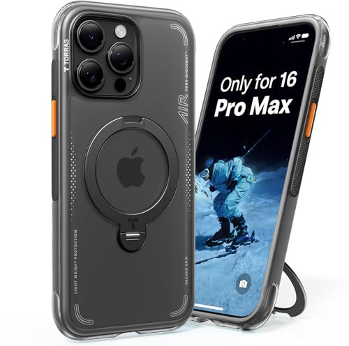 TORRAS Ostand Q3 Air für iPhone 15 Pro Max Hülle mit echtem Airbags Doppelter Schutz (360° Magnetischer Robust Ständer) Matt Handyhülle mit Kamerasteuerung Taste Schwarz