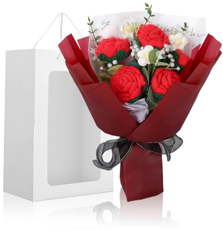 Foyucool Bouquet di Fiori all'Uncinetto, Mazzo di Fiori Fatto a Mano con Confezione Regalo, Decorazioni per Interni, Regalo per Donna, Ideale per Compleanni, Natale e San Valentino, Rosa Rossa