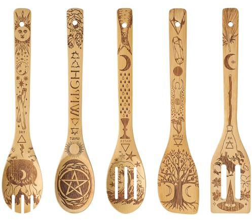 Adiwo 5 Piezas Cucharas de madera, juego de Accesorios de Utensilios de Cocina Grabados, Regalo de Cocina Perfecto para el día de la Madre Boda Halloween y Navidad