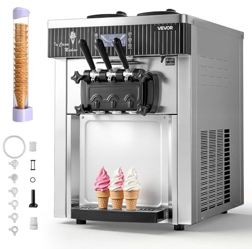 VEVOR Máquina de Helado Suave Comercial 3 Sabores 2200 W, Caudal de 20-28 L/h, Máquina para Hacer Helados Sobremesa con 2 Tolvas de 6 L, Agitación de Tolva, Preenfriado y Autolimpieza para Tiendas