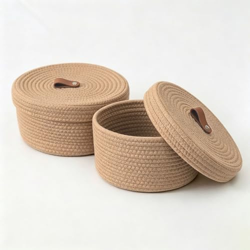 Juego de 2 cestas de almacenamiento de cuerda de algodón con tapa, 28 x 16,5 cm/23 x 12,5 cm, cesta decorativa de mimbre con pompón de colores, cesta para estantería para salón y dormitorio, juego de