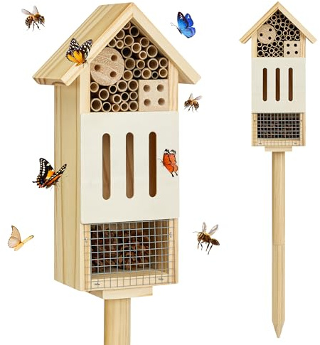 Bee House Bug Hotel & Butterfly House with Stake, Handcrafted Wooden Ladybug Hotel, Natural Insect Habitat for Garden, Patio, or Yard, Attracts Pollinators, 10.4 x 5.5 x 3.2 Inches,14 inches Stake