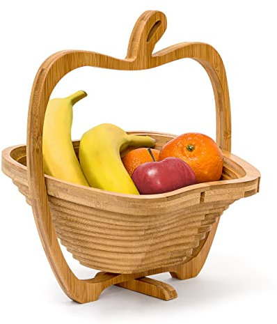 Relaxdays Faltkorb Apfel H x B x T: 30 x 27 x 22,5 cm Klappkorb aus Bambus Obstkorb und Untersetzer Schneidebrett zum Falten Holz Obstschale in originellem Apfel-Design, natürlich braun