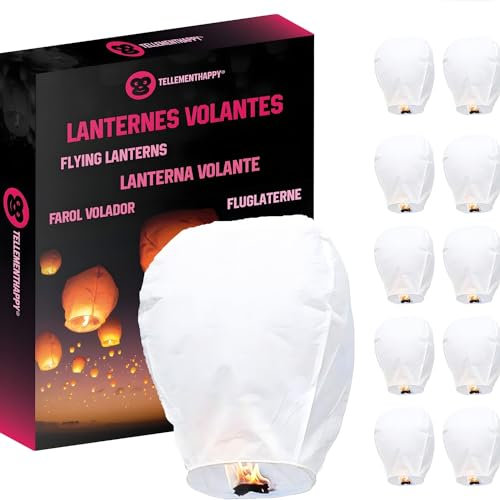 TellementHappy™ Lanterne Cinesi Volanti Giganti 90x60cm, 100% Biodegradabili Carta di Riso, Sky Lanterns Bianche - 10 Pezzi