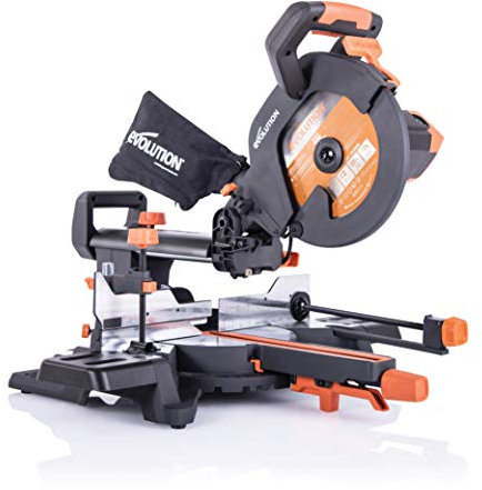 Evolution Power Tools R255SMS Sierra ingletadora Deslizante multimaterial, con Paquete Plus, Corta acero dulce, aluminio, plástico, madera con clavos incrustados 230 V, 255 mm