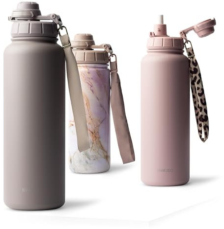 MAMEIDO Botella Agua Acero Inoxidable 700 ml, Botella Termica con Pajita, Botella Agua Gimnasio sin BPA, Cantimplora estanca, Termo con Correa de Transporte, Water Bottle (Taupe Grey)