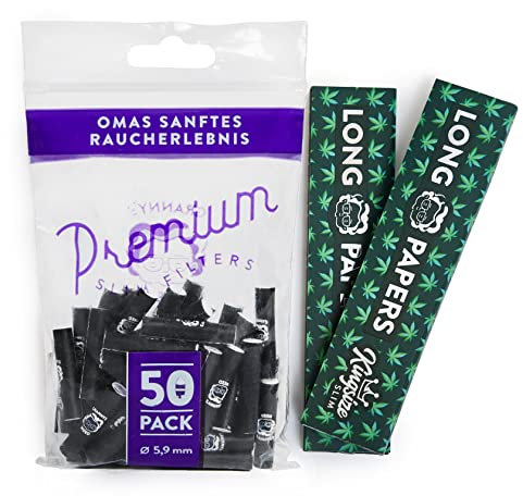Granny's® Exclusive Slim Aktivkohlefilter 50 Stück & 2 Hanf Long Papers 36 Blatt | Ø 5.9 mm Filtertips | 108 x 45 mm organic King Size Long Papers | Kohlefilter für Selbstdreher