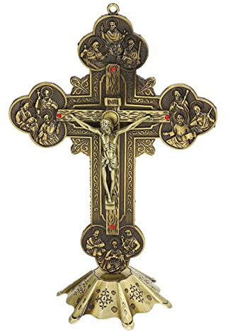 Pssopp Crucifix, Inlaid Red Vintage Style Catholic Crucifix Bronze Stable Base Metal Stand Table Home Altar for Catholic Gift