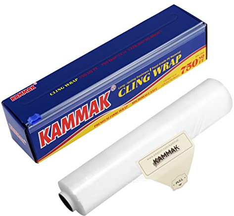 KAMMAK Plastic Wrap for Food with Slide Cutter Cling Wrap Professional Polyethylene Materials BPA Free Kitchen Quick Cut Food Service Film(12 IN*750 SQ FT)