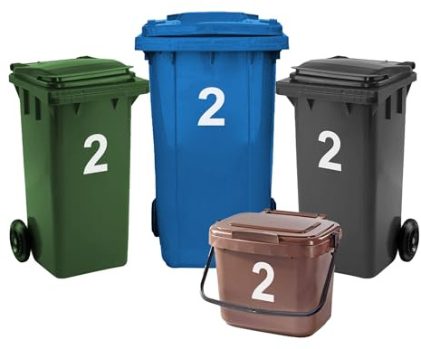 Rubigo 4 x Bin Numbers for Wheelie Bins, 0-99, Letters A-D, 17.5cm Dustbin Stickers, Easy Application Stick On Number Stickers - Weatherproof Self Adhesive Vinyl (2)