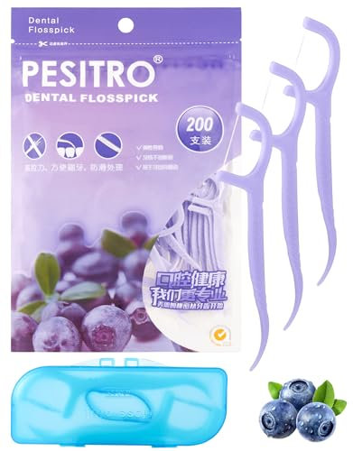 200er Zahnseide Stick LAOYE Zahnreinigung Zwischenräume Zahnseide Zahnstocher mit Geschmack Blaubeere Xylit Dental Floss Sticks Vegan Dental Sticks ungewachst, Frische Früchte, mit Tragetui
