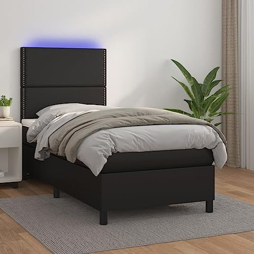 Gecheer resårsäng med madrass och LED-sängram, ungdomssäng, dubbelsäng/enkelsäng, klädsäng, gästsäng, sovrumssäng, balksäng, sängram med ribbotten, träsäng, svart, 90 x 190 cm