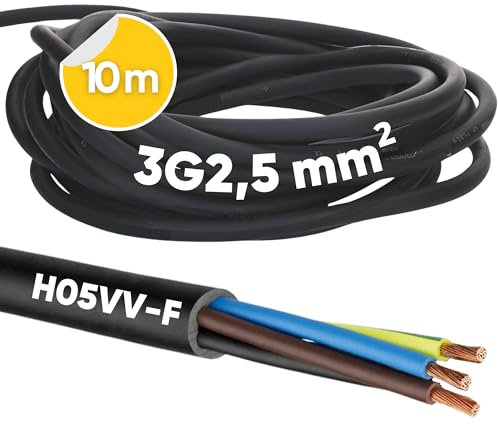 Kalitec H05VV-F - Manguera de 10 m, 3 x 2,5 mm², Cable de Alimentación 3 G2,5 mm² Con Conductor de Protección, PVC Para Interiores, Eléctrico Negro, Lámpara