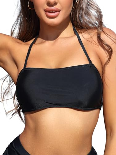 SHEKINI Womens Bandeau Bikini Bra Tops with Removable Halter Straps Swimsuit Swimming Costume Black