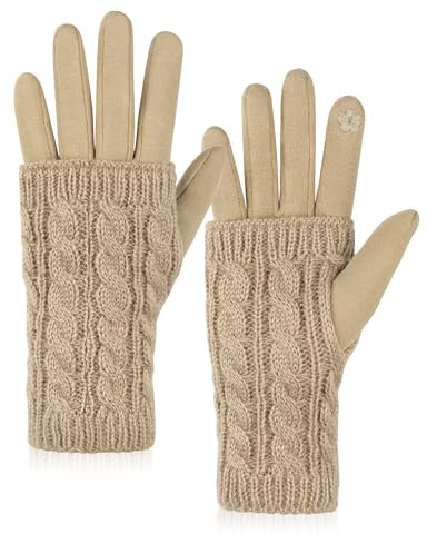 Becellen 2in1 Handschuhe Damen, Elegante Warm Winterhandschuhe Touchscreen Fingerhandschuhe mit Abnehmbaren Strick Armstulpen
