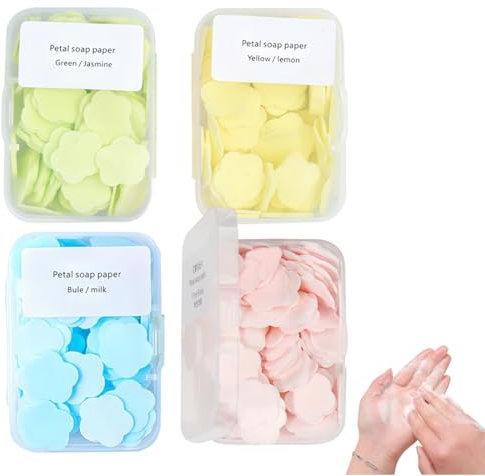 GXGM 4 Kartons seifenblätter für unterwegs,Soap mit Kunststoffbox,Tragbare Papier-Seife, Boxen,für Outdoor, Camping, Reisen(Gelb, Blau, Rosa und Grün)